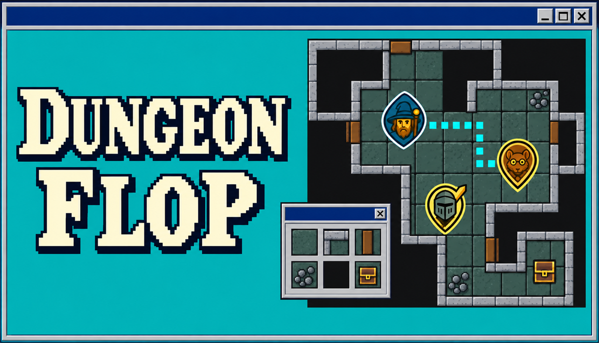 Dungeon Flop V3 artwork with a dungeon map and adventurer tokens